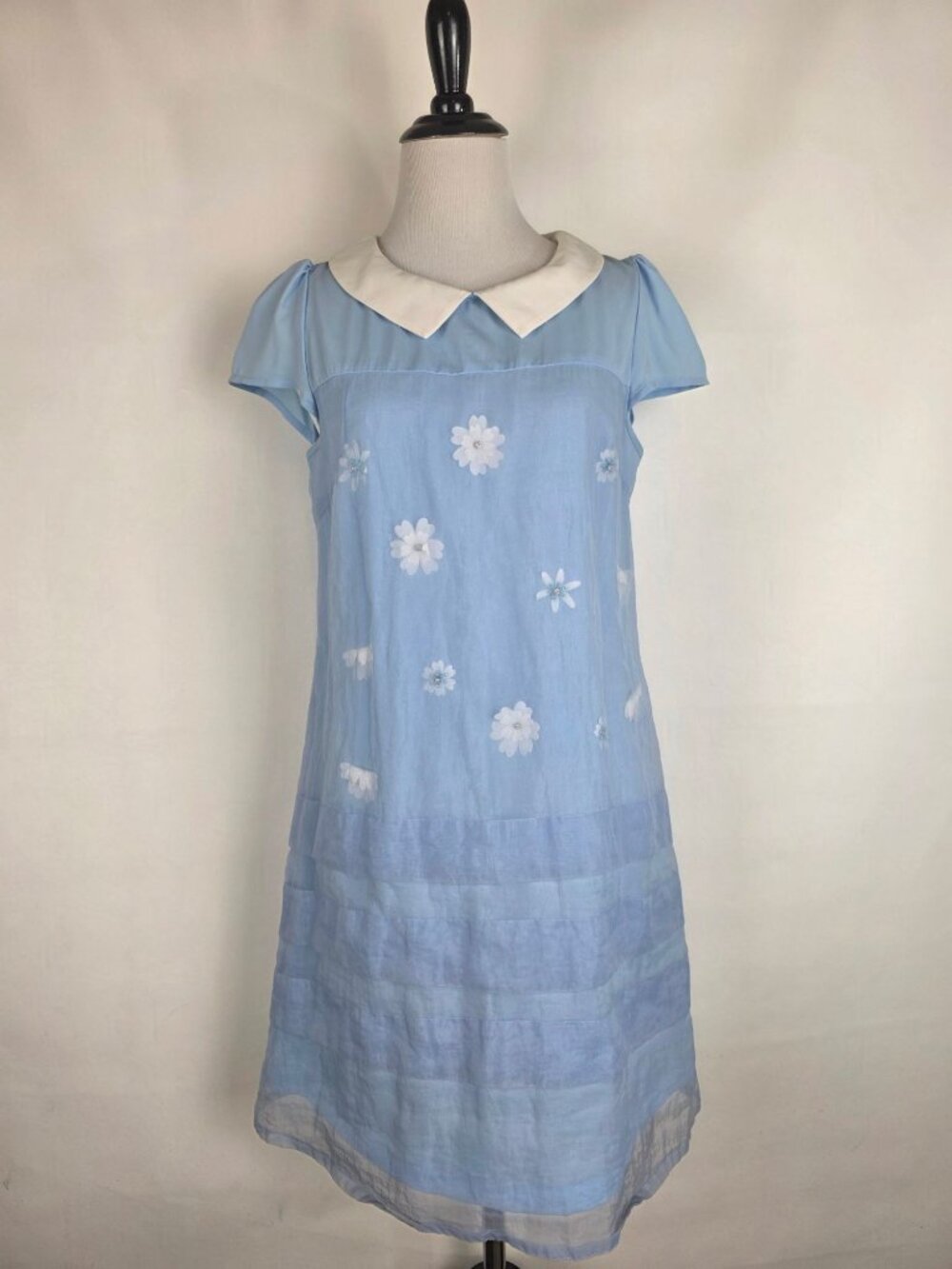 Light Blue Dress White Peter Pan Collar Mesh Floral Applique Shift Dress XL